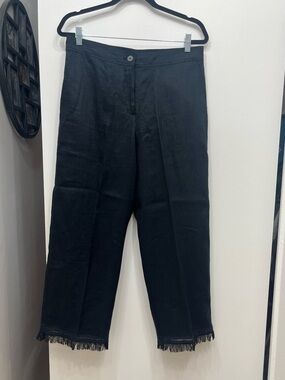 Theory Fringed Hem Ankle Pants 100% Linen Navy  Sz 8